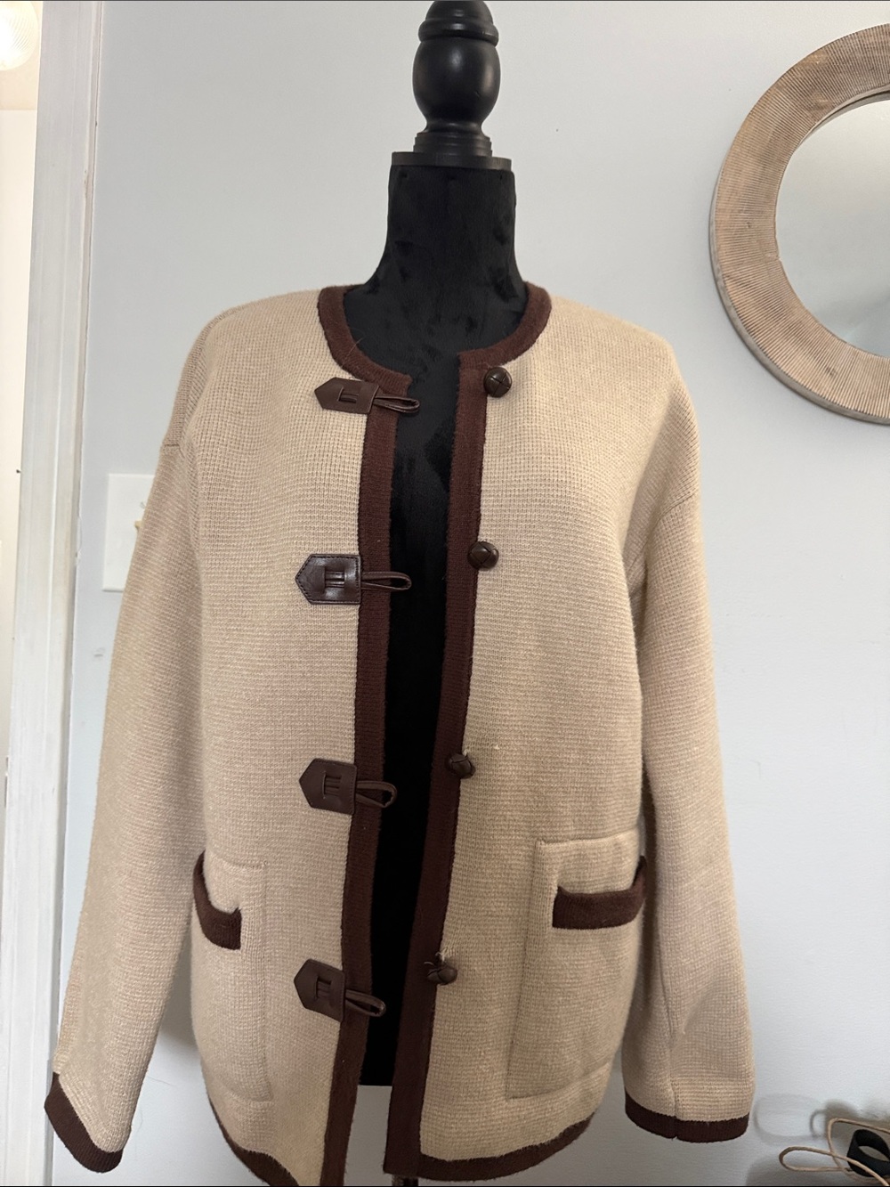 Tahari Cream Cardigan with Brown Trim and Toggle Details